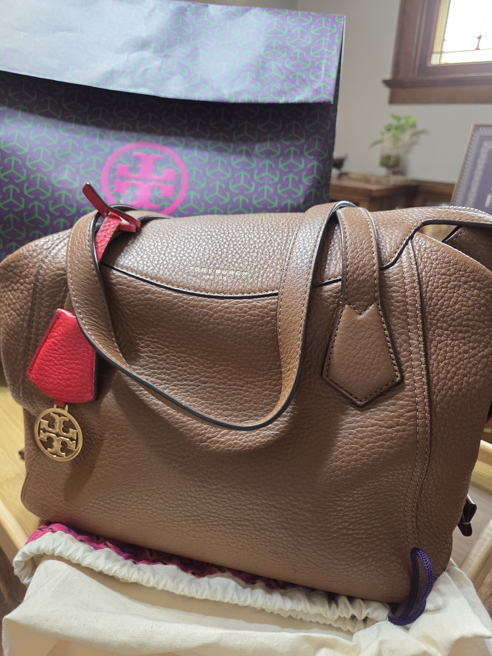 Tory Burch Tan Pebbled Leather Tote with Red Interior